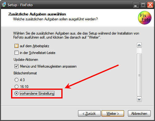 Dieser Haken muss bei der Installation gesetzt werden, wenn die outfit.ini vorhanden ist Dieser Haken muss bei der Installation gesetzt werden